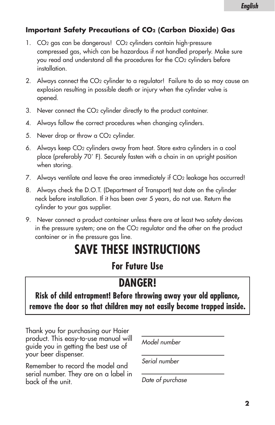 Save these instructions, Danger, For future use | haier HBF05E User Manual | Page 3 / 72