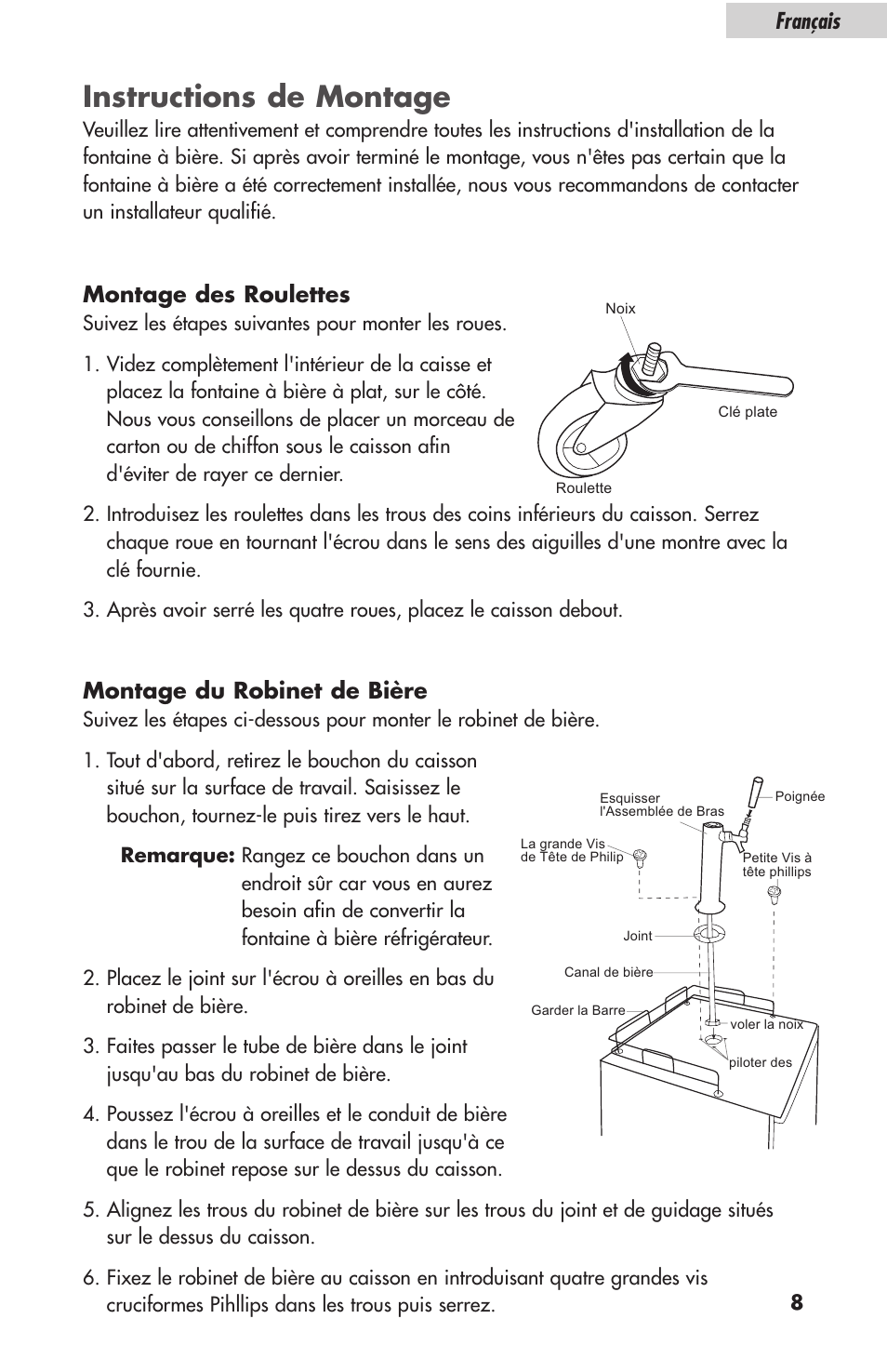 Instructions de montage, Montage des roulettes, Montage du robinet de bière | Français | haier HBF05E User Manual | Page 31 / 72