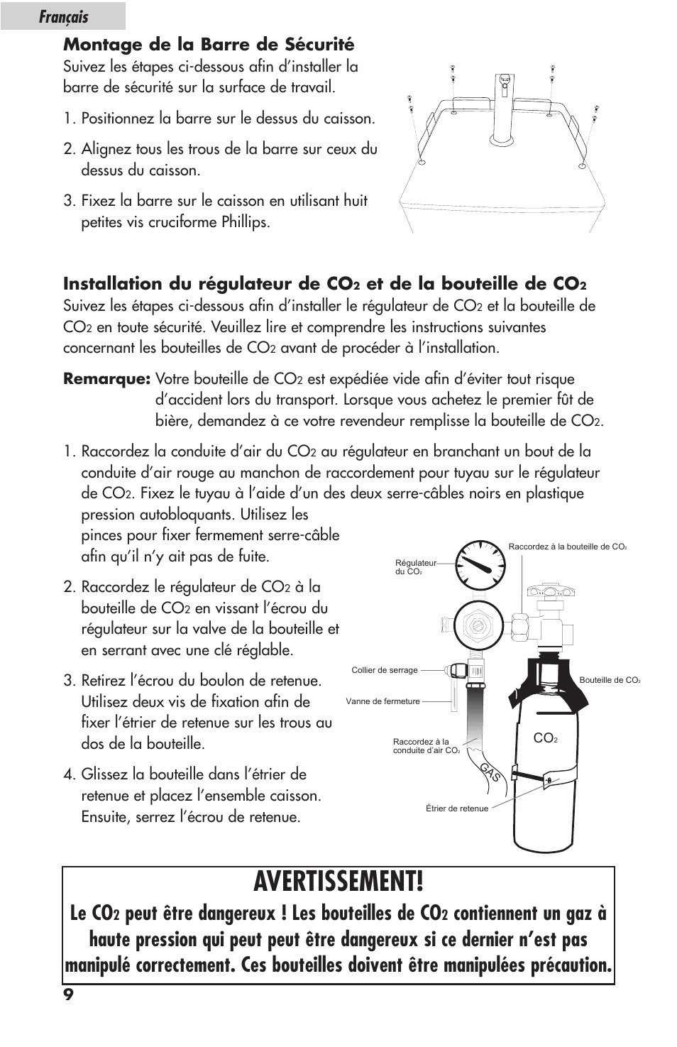 Avertissement, Le co, Peut être dangereux ! les bouteilles de co | Montage de la barre de sécurité, Installation du régulateur de co, Et de la bouteille de co, Français | haier HBF05E User Manual | Page 32 / 72