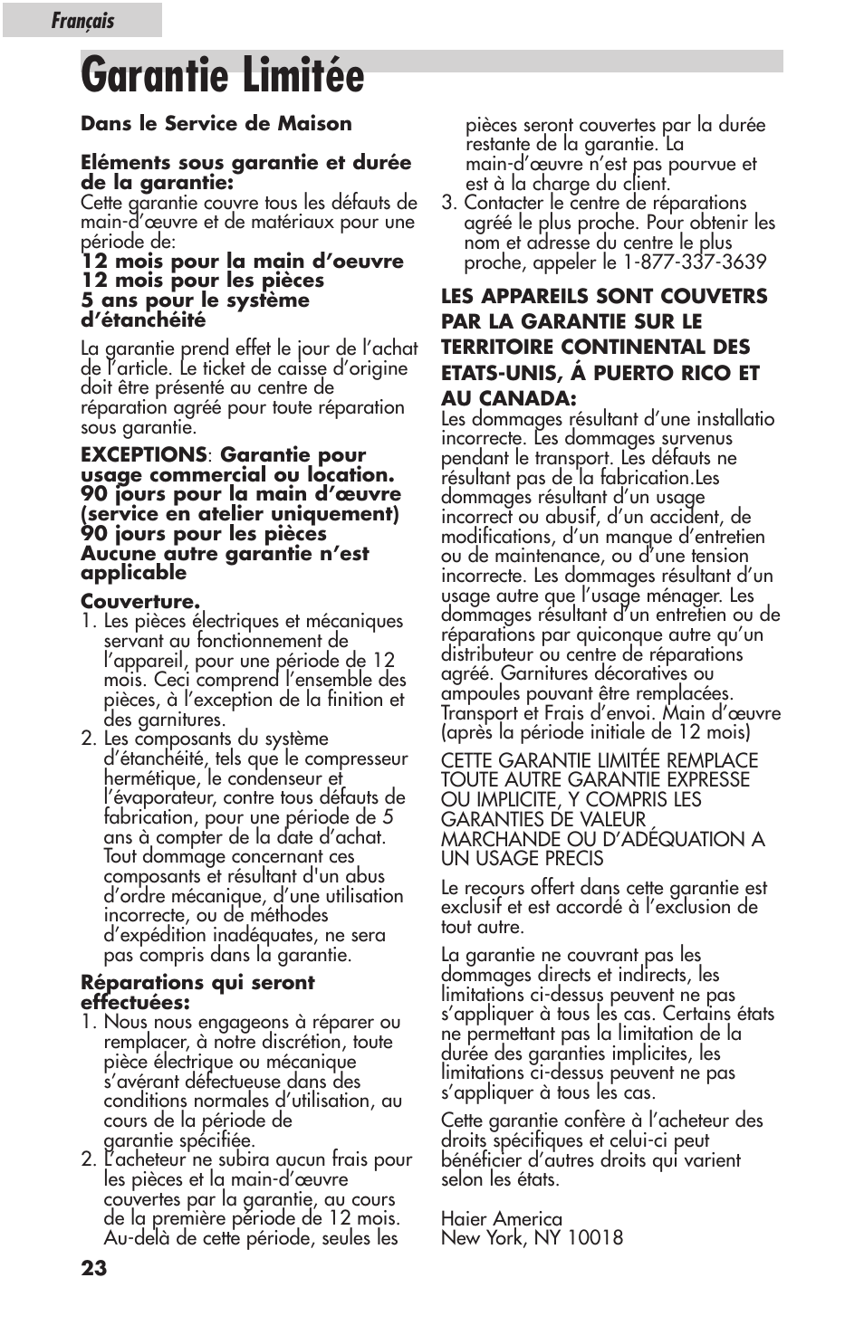 Garantie limitée | haier HBF05E User Manual | Page 46 / 72