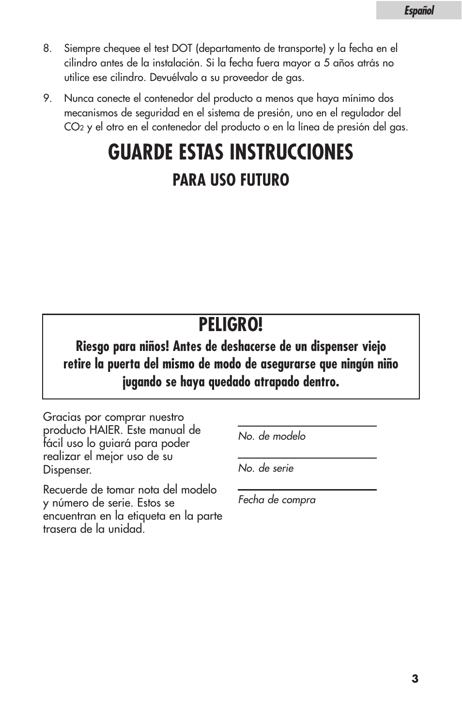 Guarde estas instrucciones, Peligro, Para uso futuro | haier HBF05E User Manual | Page 49 / 72