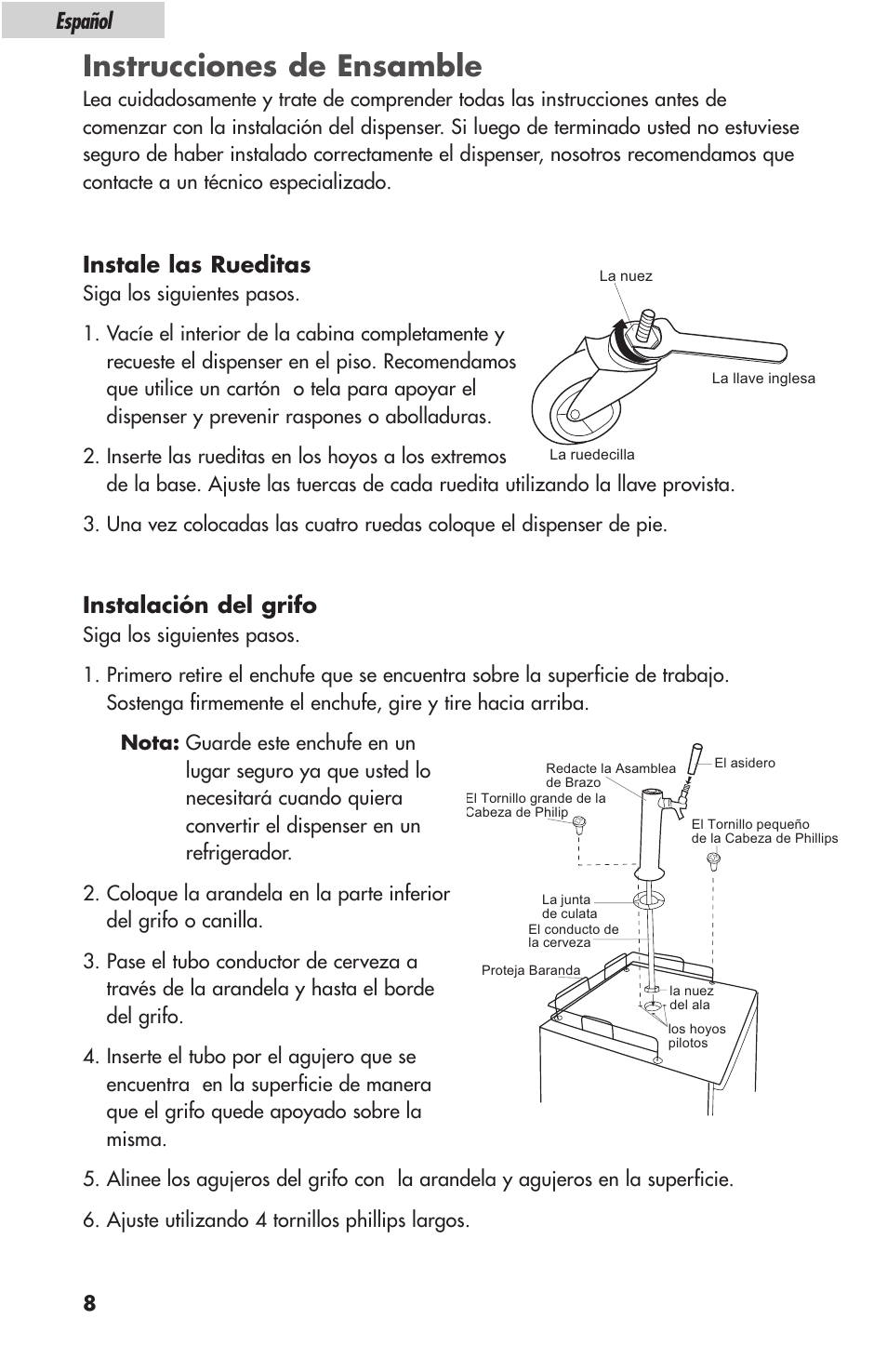 Instrucciones de ensamble, Instale las rueditas, Instalación del grifo | Español | haier HBF05E User Manual | Page 54 / 72