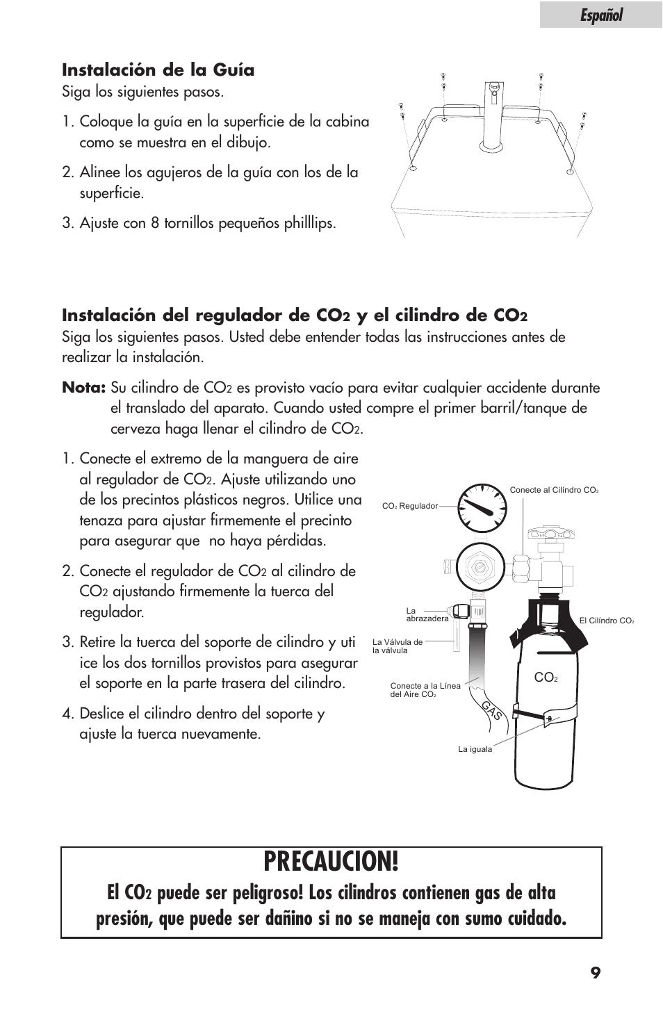 Precaucion, El co, Instalación de la guía | Instalación del regulador de co, Y el cilindro de co, Español | haier HBF05E User Manual | Page 55 / 72