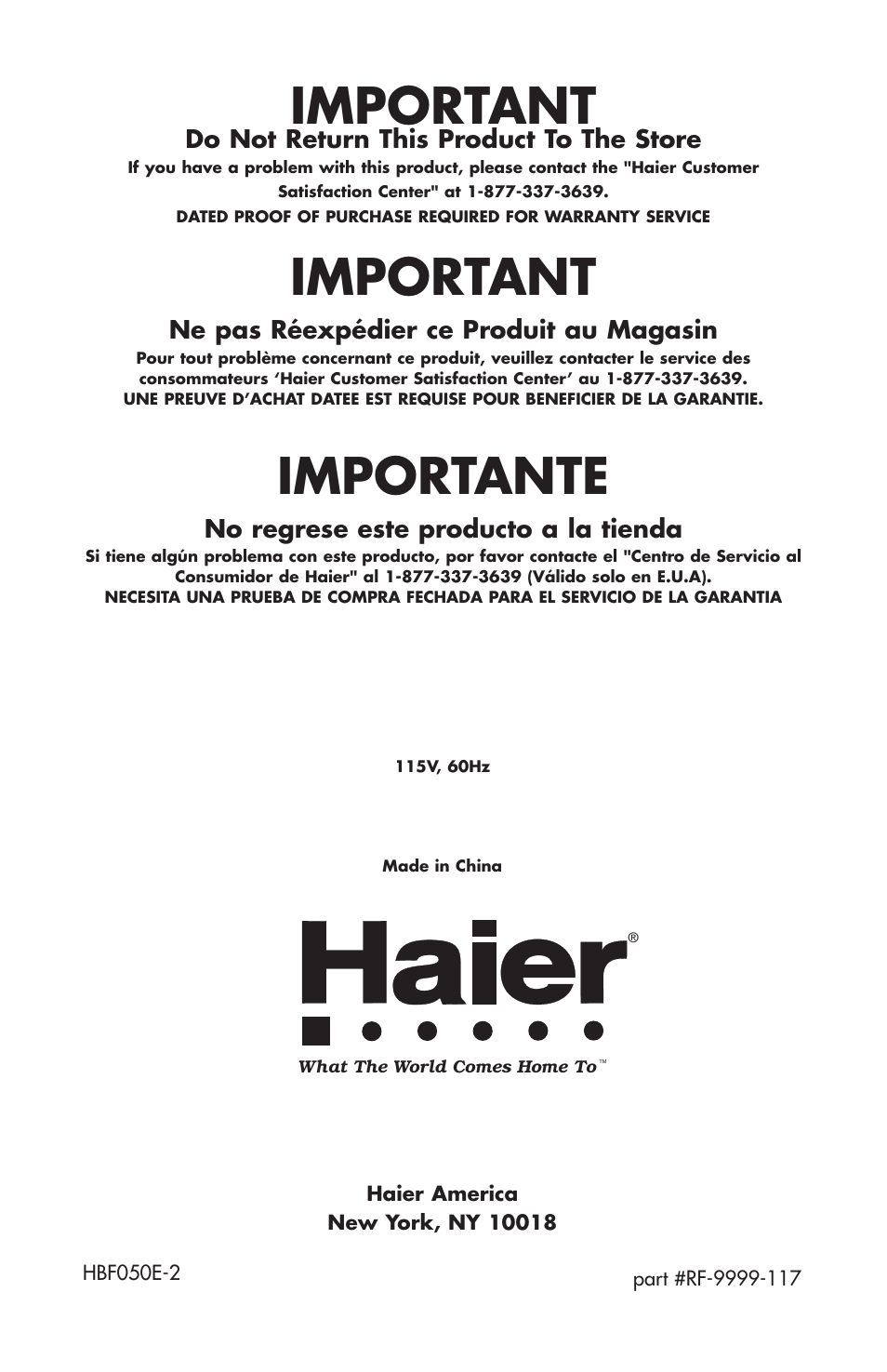 Important, Importante, Do not return this product to the store | Ne pas réexpédier ce produit au magasin, No regrese este producto a la tienda | haier HBF05E User Manual | Page 72 / 72