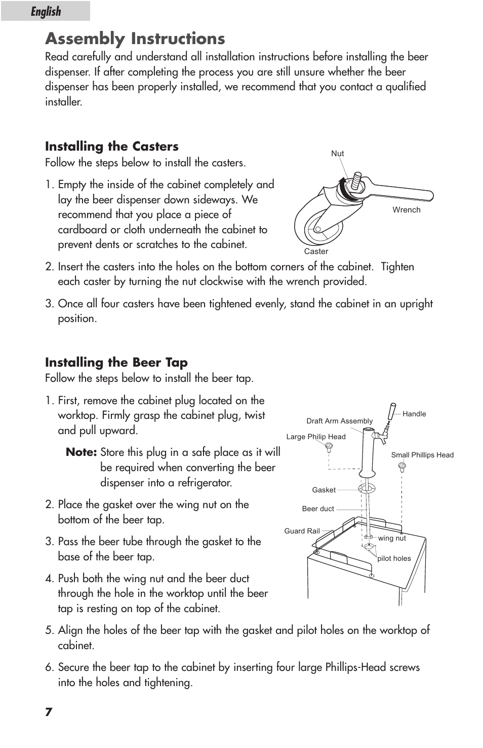 Assembly instructions, English, Installing the casters | Installing the beer tap | haier HBF05E User Manual | Page 8 / 72