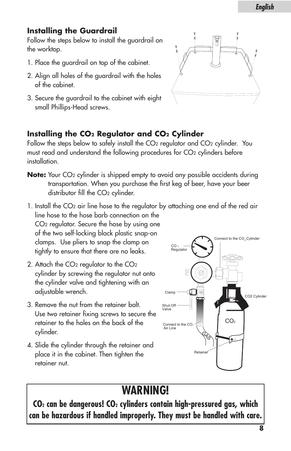 Warning, Can be dangerous! co, English installing the guardrail | Installing the co, Regulator and co, Cylinder | haier HBF05E User Manual | Page 9 / 72
