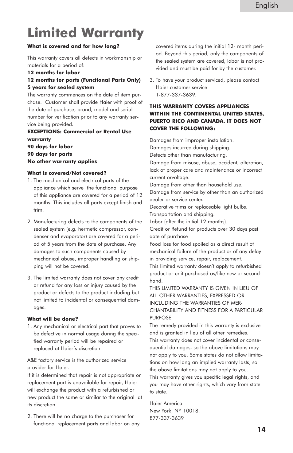 Limited warranty, English | haier HCM050EC User Manual | Page 15 / 16