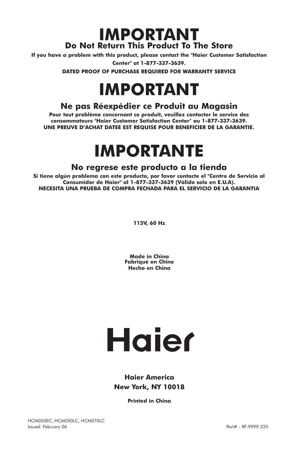 Important, Importante, Do not return this product to the store | Ne pas réexpédier ce produit au magasin, No regrese este producto a la tienda | haier HCM050EC User Manual | Page 16 / 16