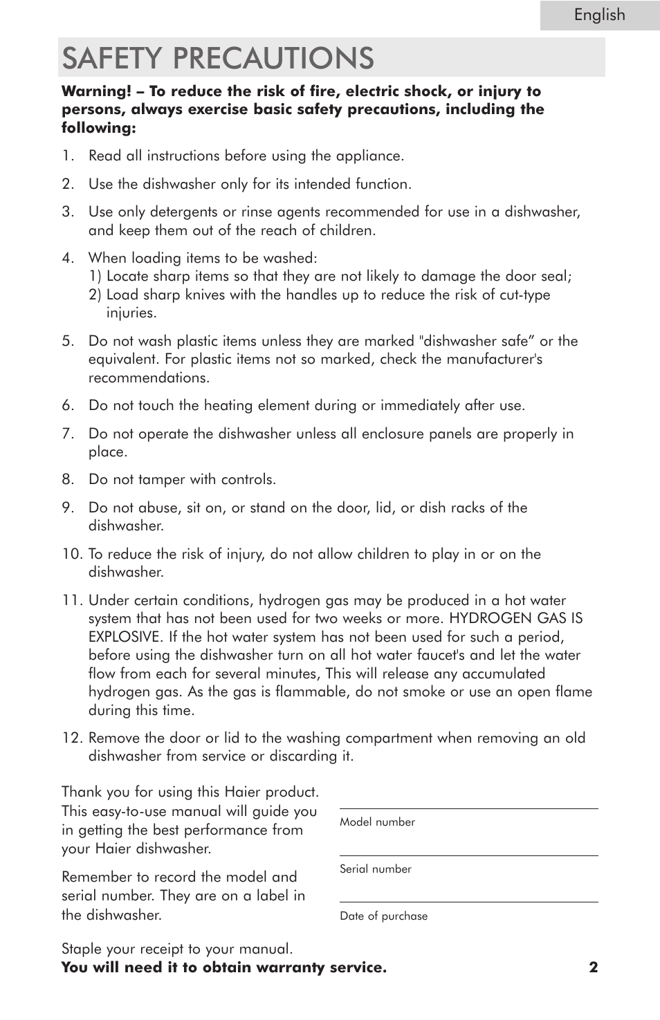 Safety precautions | haier ESD400 User Manual | Page 3 / 33