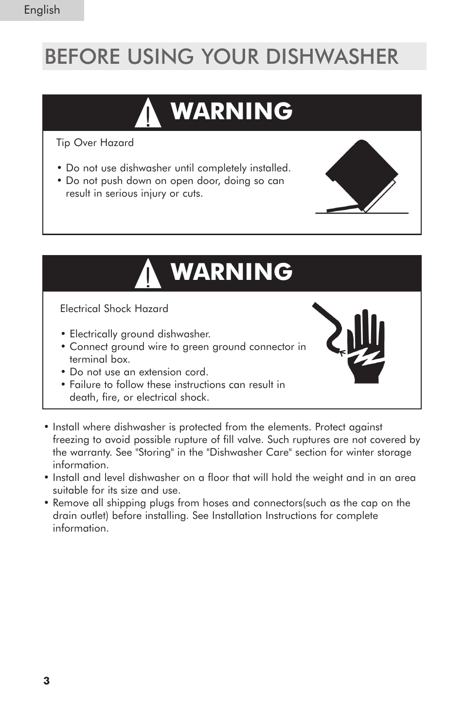 Warning, Before using your dishwasher | haier ESD400 User Manual | Page 4 / 33