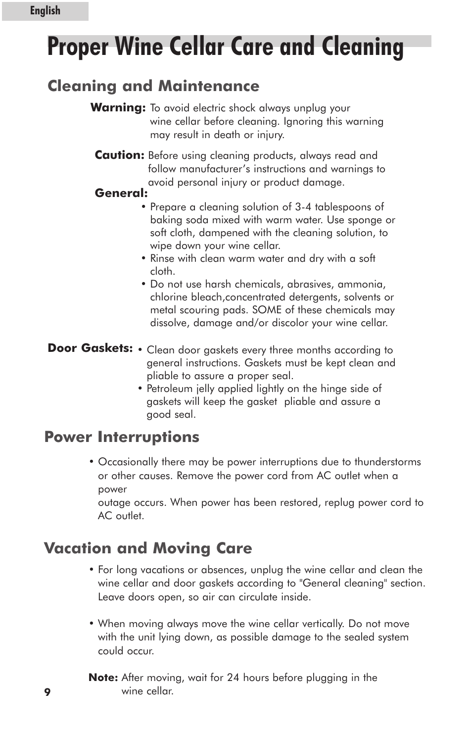 Proper wine cellar care and cleaning, Cleaning and maintenance, Power interruptions vacation and moving care | haier HVZ035AB User Manual | Page 10 / 13