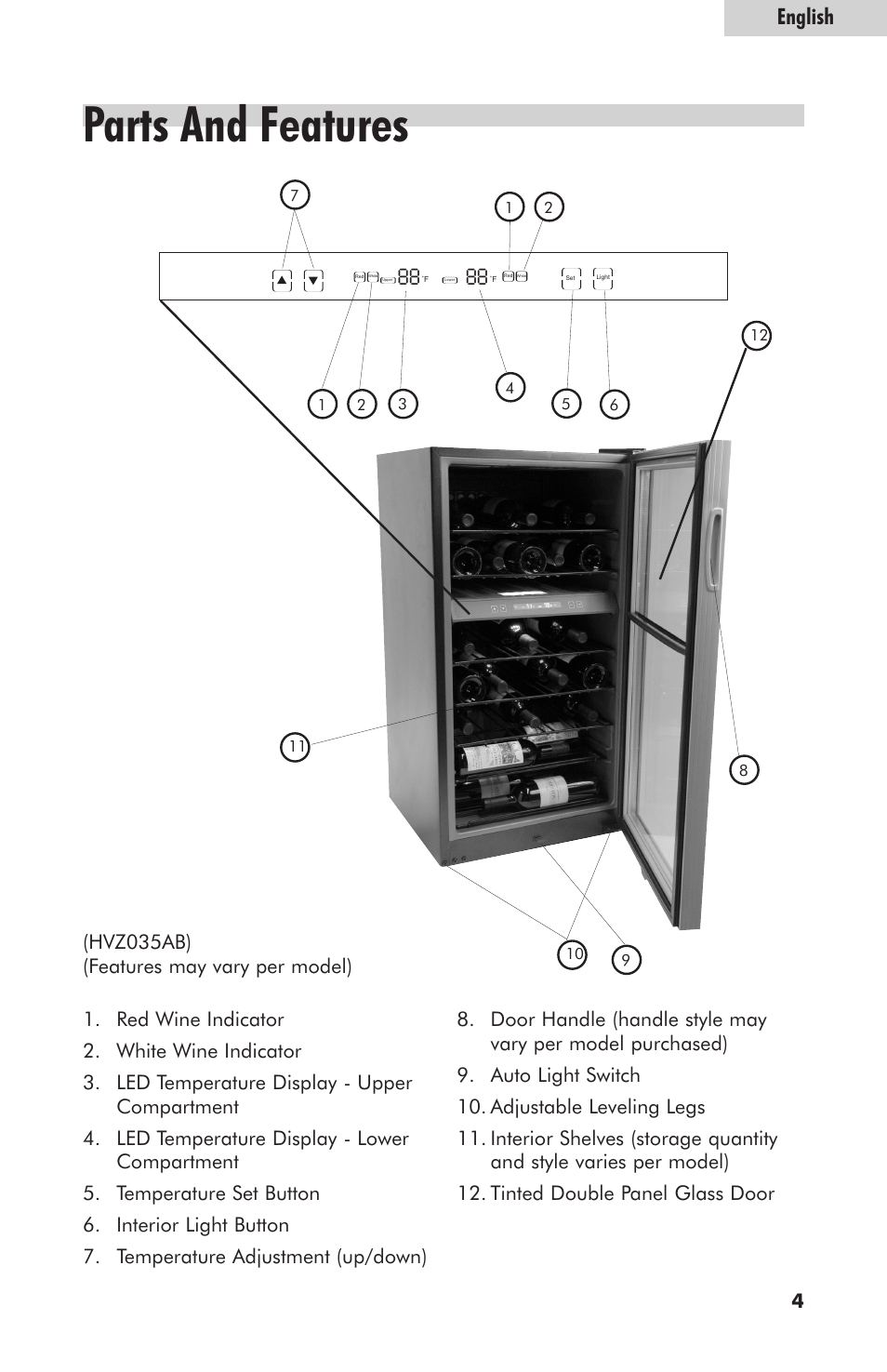 Parts and features, English, Hvz035ab) (features may vary per model) | haier HVZ035AB User Manual | Page 5 / 13