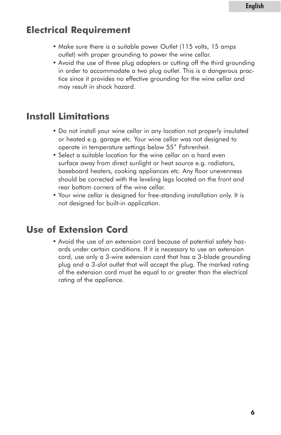 Electrical requirement, Install limitations, Use of extension cord | haier HVZ035AB User Manual | Page 7 / 13