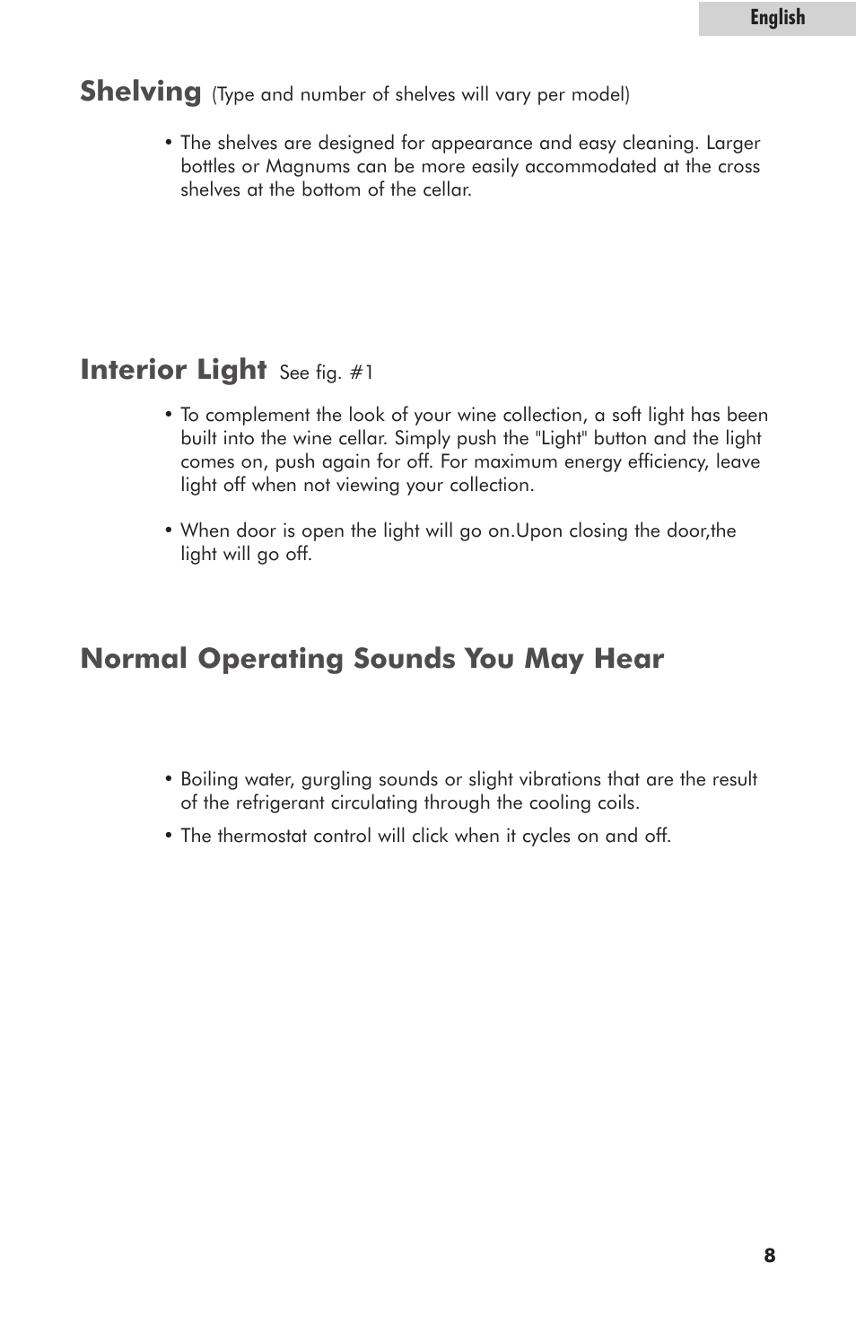 Shelving, Interior light, Normal operating sounds you may hear | haier HVZ035AB User Manual | Page 9 / 13