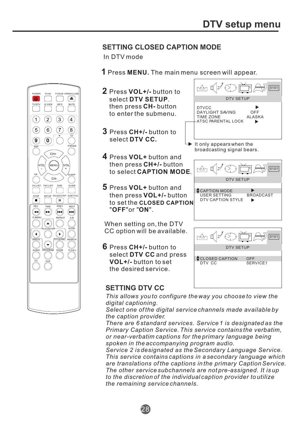 Dtv setup menu, Setting closed caption mode, Setting dtv cc 28 | Press menu. the main menu screen will appear, Press ch+/- button to select dtv cc, Off "or " on, Closed caption | haier TCR20 User Manual | Page 29 / 48
