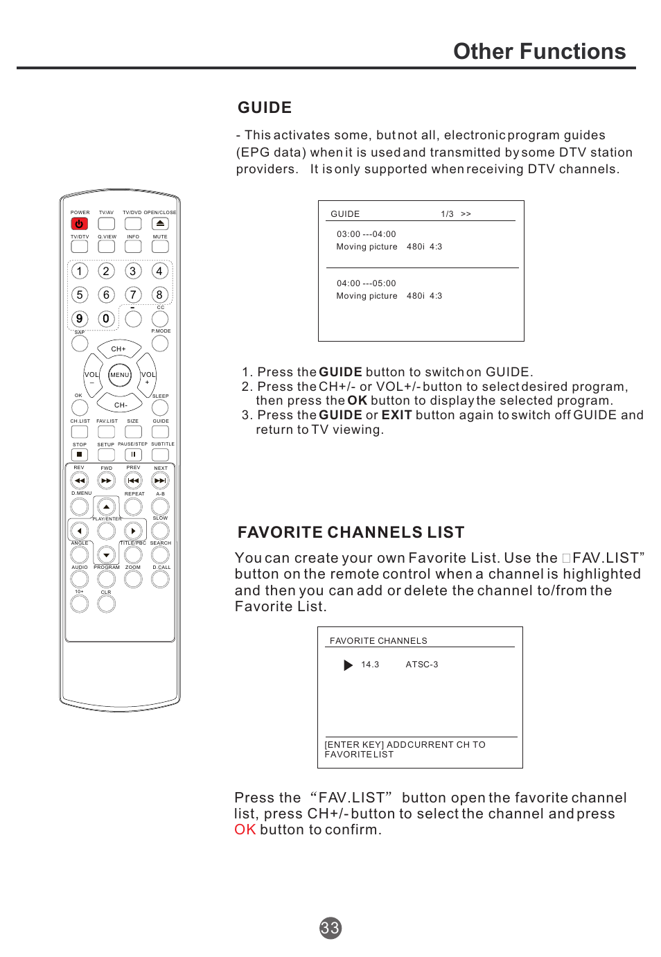 Other functions, Guide favorite channels list 33 | haier TCR20 User Manual | Page 34 / 48