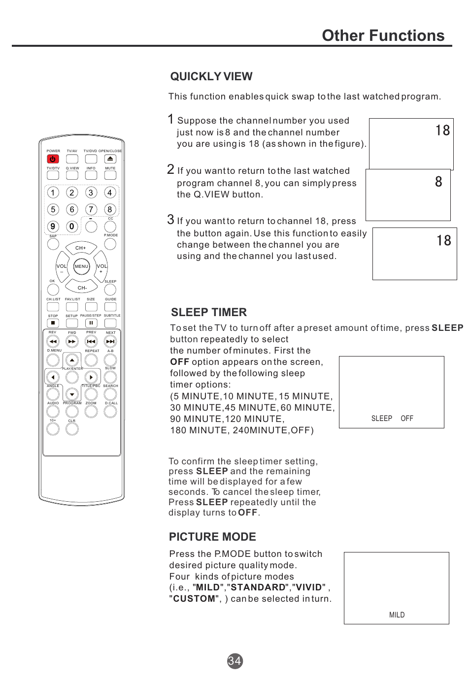 Other functions, Sleep timer, Picture mode | Quickly view 34 | haier TCR20 User Manual | Page 35 / 48