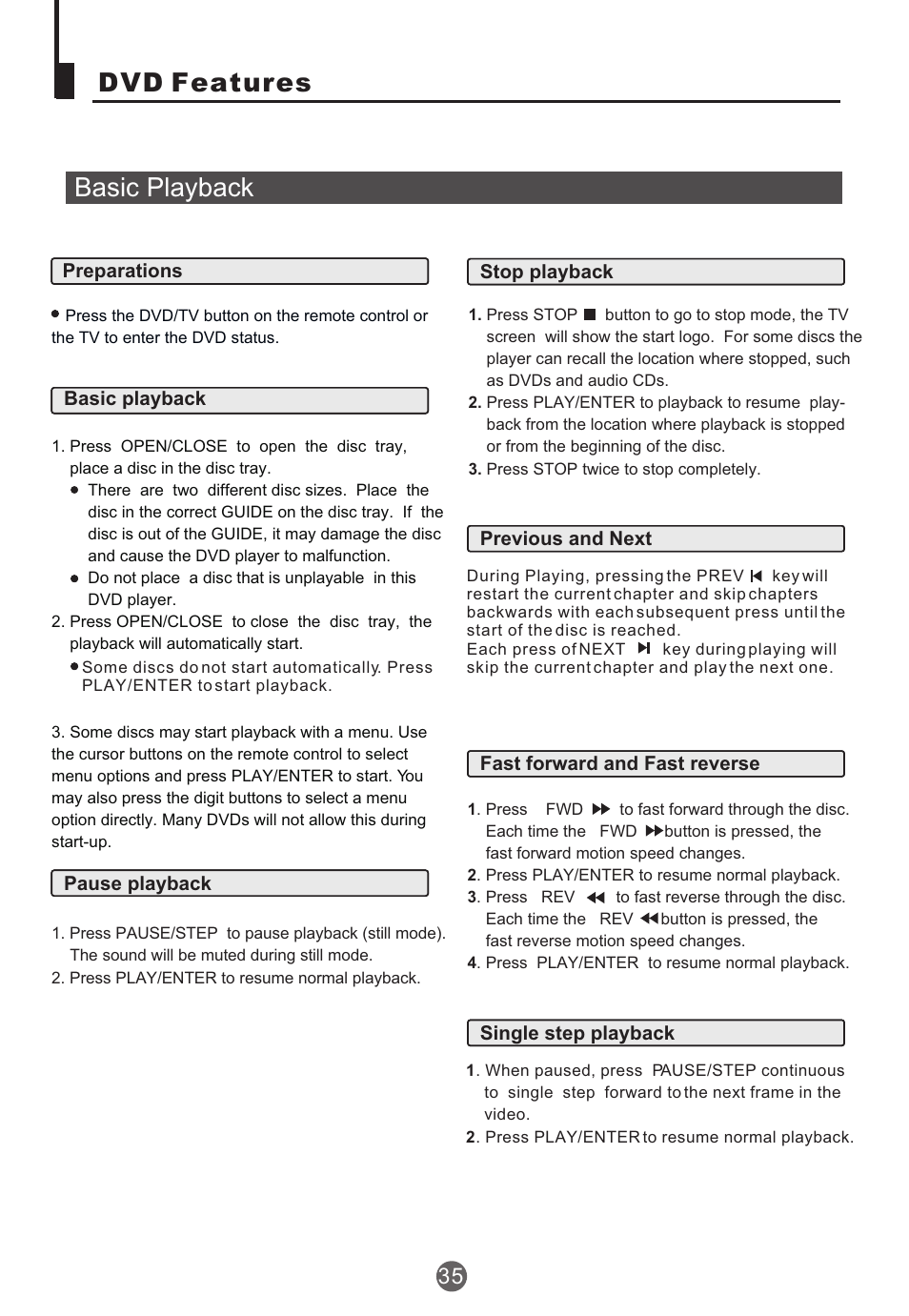 Dvd features basic playback | haier TCR20 User Manual | Page 36 / 48