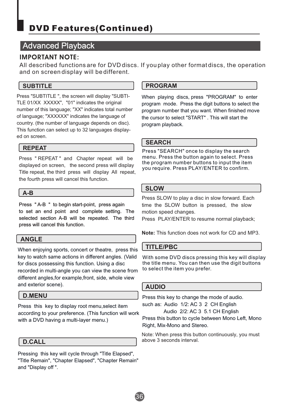 Advanced playback, Dvd features(continued) | haier TCR20 User Manual | Page 37 / 48