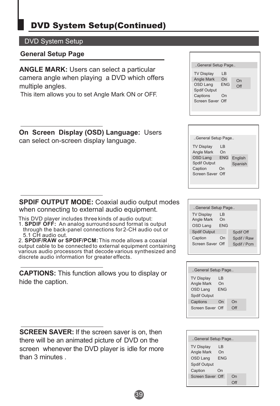 Dvd system setup(continued), This item allows you to set angle mark on or off | haier TCR20 User Manual | Page 40 / 48