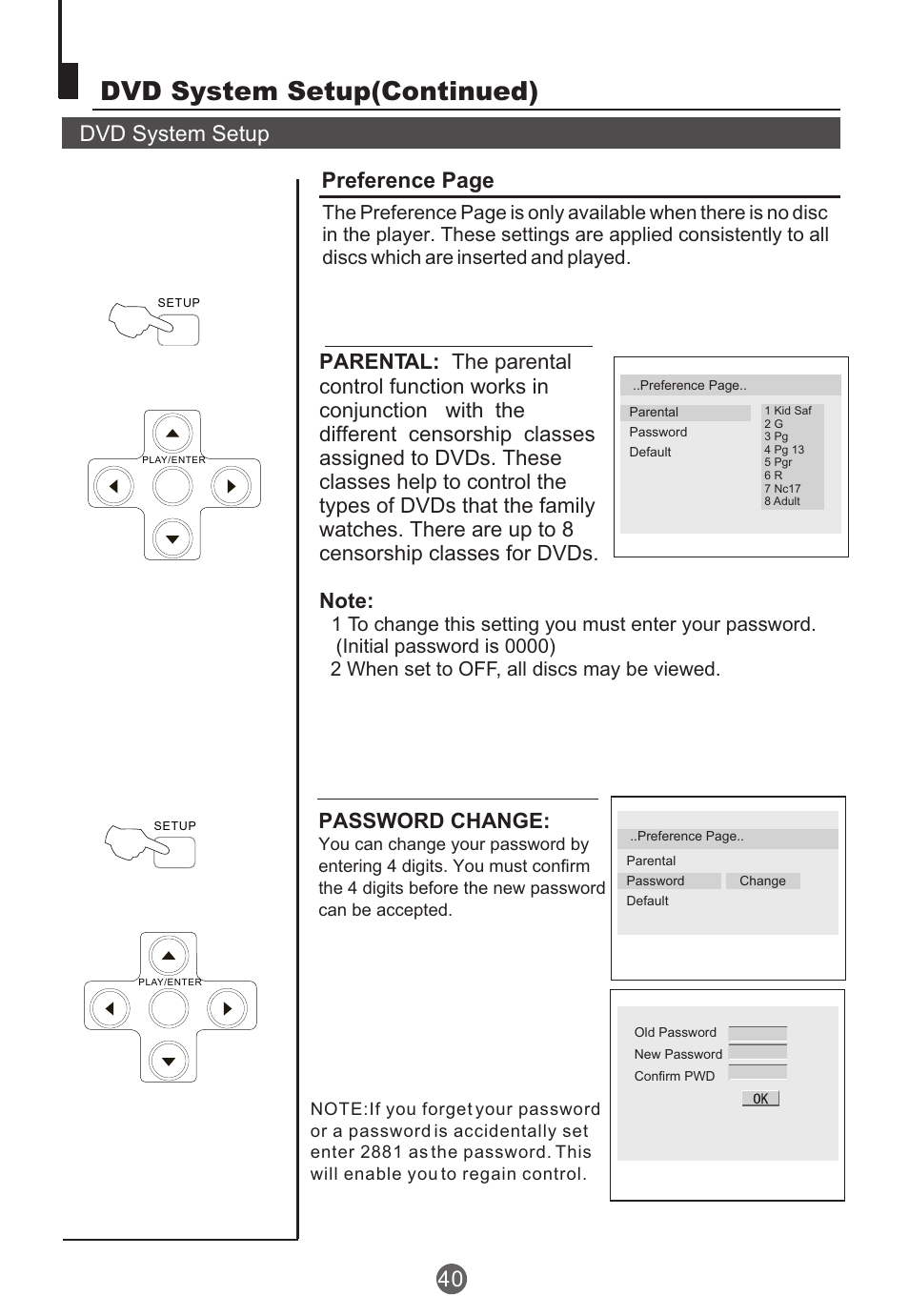 Dvd system setup(continued), Dvd system setup, Preference page | Password change | haier TCR20 User Manual | Page 41 / 48