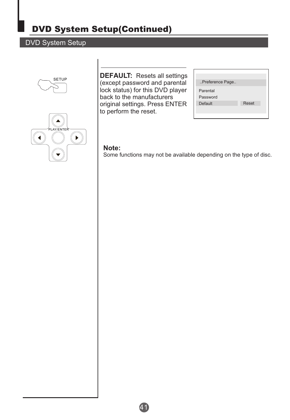 Dvd system setup(continued), Dvd system setup, Default | haier TCR20 User Manual | Page 42 / 48