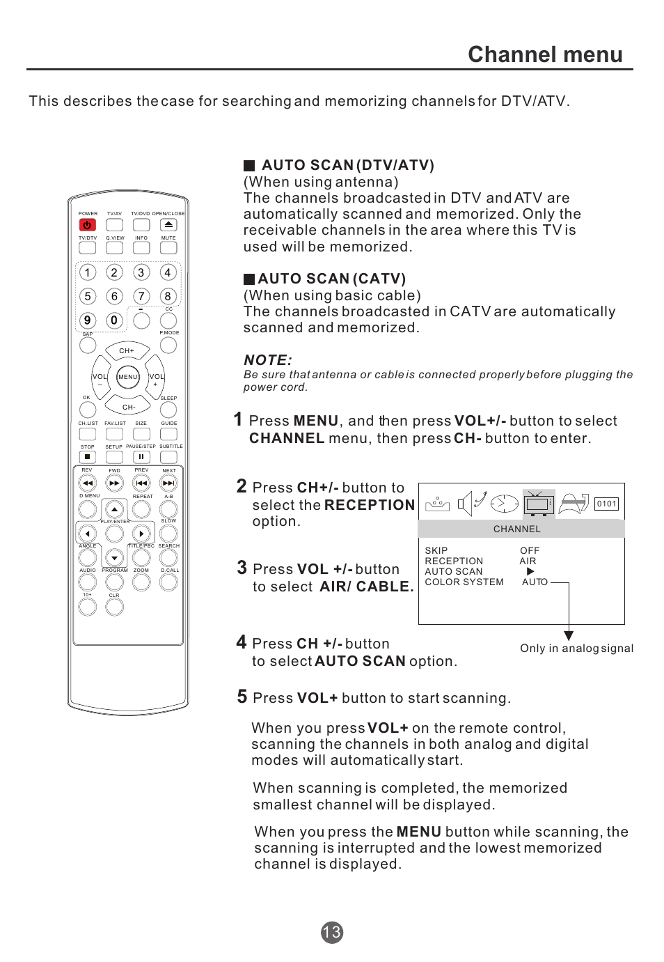 Channel menu, Press ch+/- button to select the reception option, Press vol +/- button to select air/ cable | Press ch +/- button to select auto scan option, Press vol+ button to start scanning | haier TCR13 User Manual | Page 14 / 48