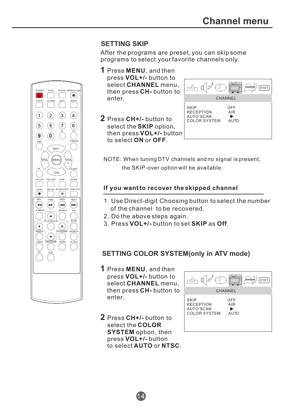 Channel menu, Setting skip, Setting color system(only in atv mode) | haier TCR13 User Manual | Page 15 / 48