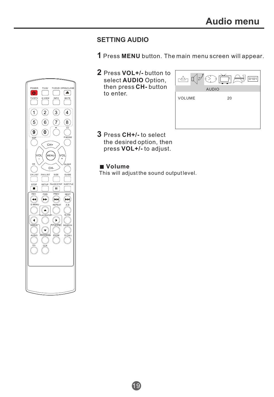 Audio menu, Setting audio 19, Volume | This will adjust the sound output level | haier TCR13 User Manual | Page 20 / 48