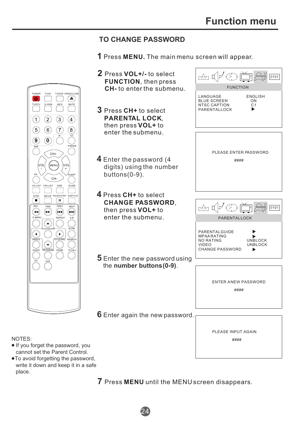 Function menu, Press menu until the menu screen disappears, Press menu. the main menu screen will appear | Enter again the new password | haier TCR13 User Manual | Page 25 / 48