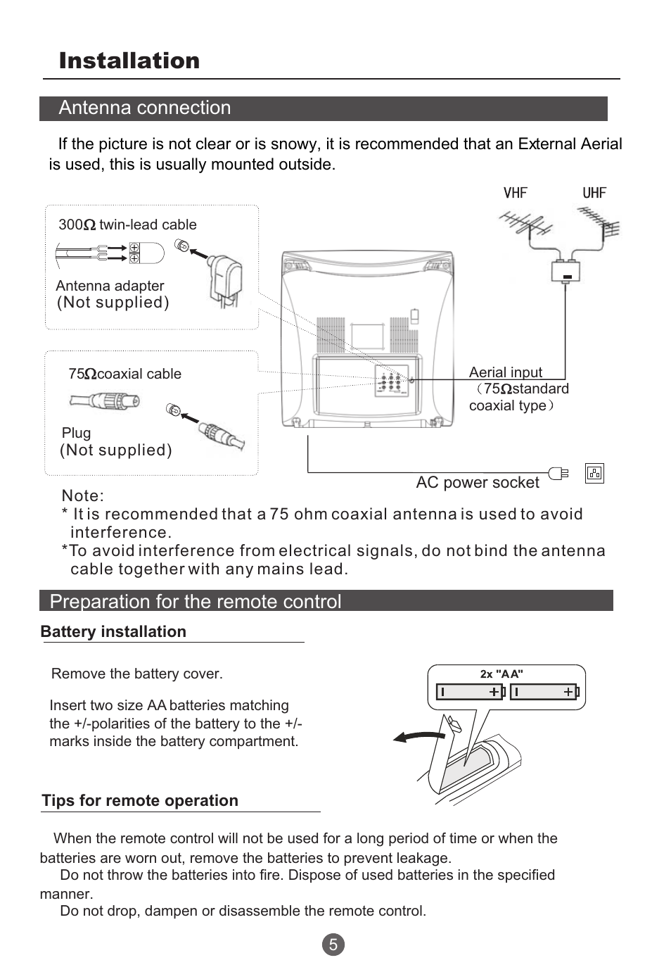 Installation, Preparation for the remote control, Antenna connection | haier TCR13 User Manual | Page 6 / 48