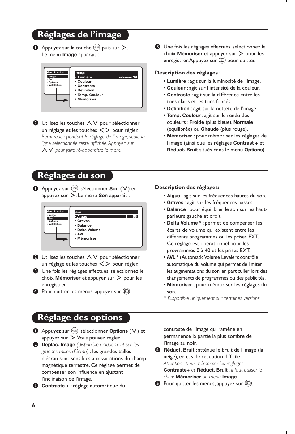 Réglages de l’image réglages du son, Réglage des options | Philips 28PW6618 User Manual | Page 18 / 84