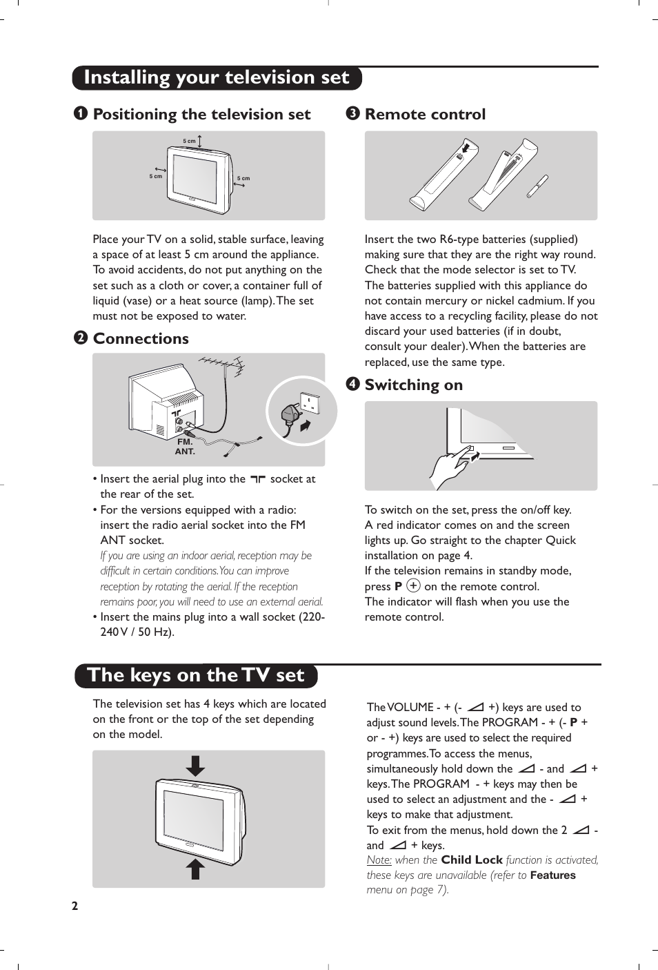 Positioning the television set, Connections, Remote control | Switching on | Philips 28PW6618 User Manual | Page 4 / 84