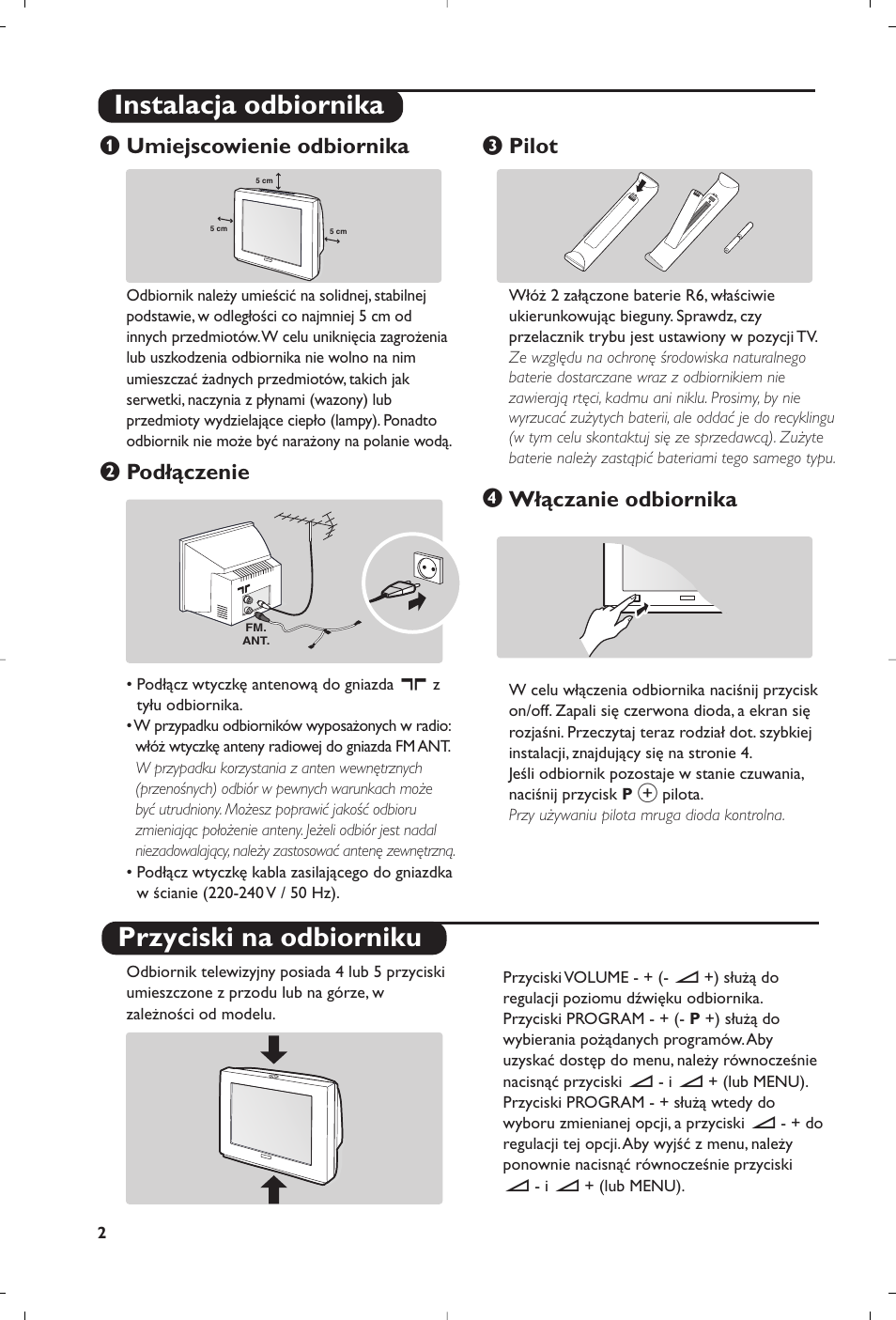 Instalacja odbiornika przyciski na odbiorniku, Umiejscowienie odbiornika, Podłączenie | Pilot, Włączanie odbiornika | Philips 28PW6618 User Manual | Page 44 / 84