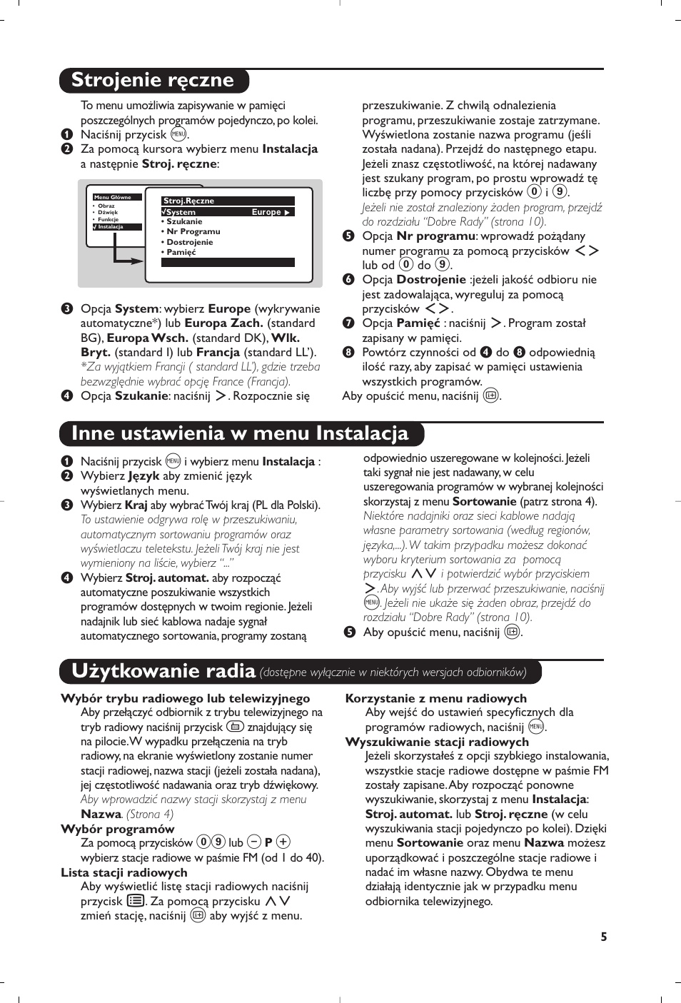 Strojenie ręczne inne ustawienia w menu instalacja, Użytkowanie radia | Philips 28PW6618 User Manual | Page 47 / 84