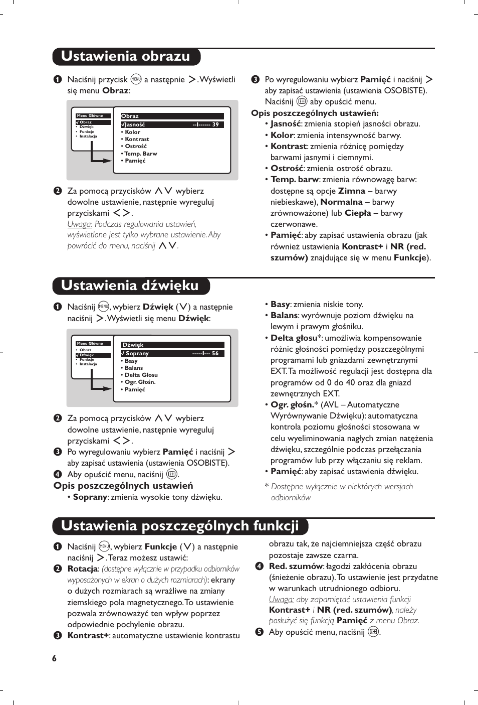 Ustawienia obrazu ustawienia dźwięku, Ustawienia poszczególnych funkcji | Philips 28PW6618 User Manual | Page 48 / 84