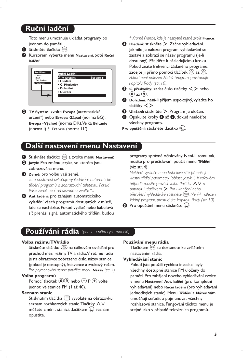 Ruční ladění další nastavení menu nastavení, Používání rádia | Philips 28PW6618 User Manual | Page 57 / 84