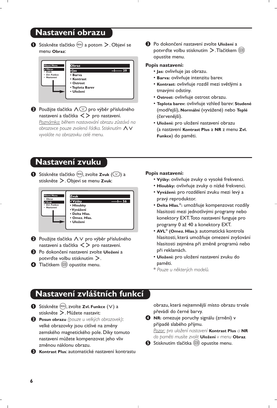 Nastavení obrazu nastavení zvuku, Nastavení zvláštních funkcí | Philips 28PW6618 User Manual | Page 58 / 84