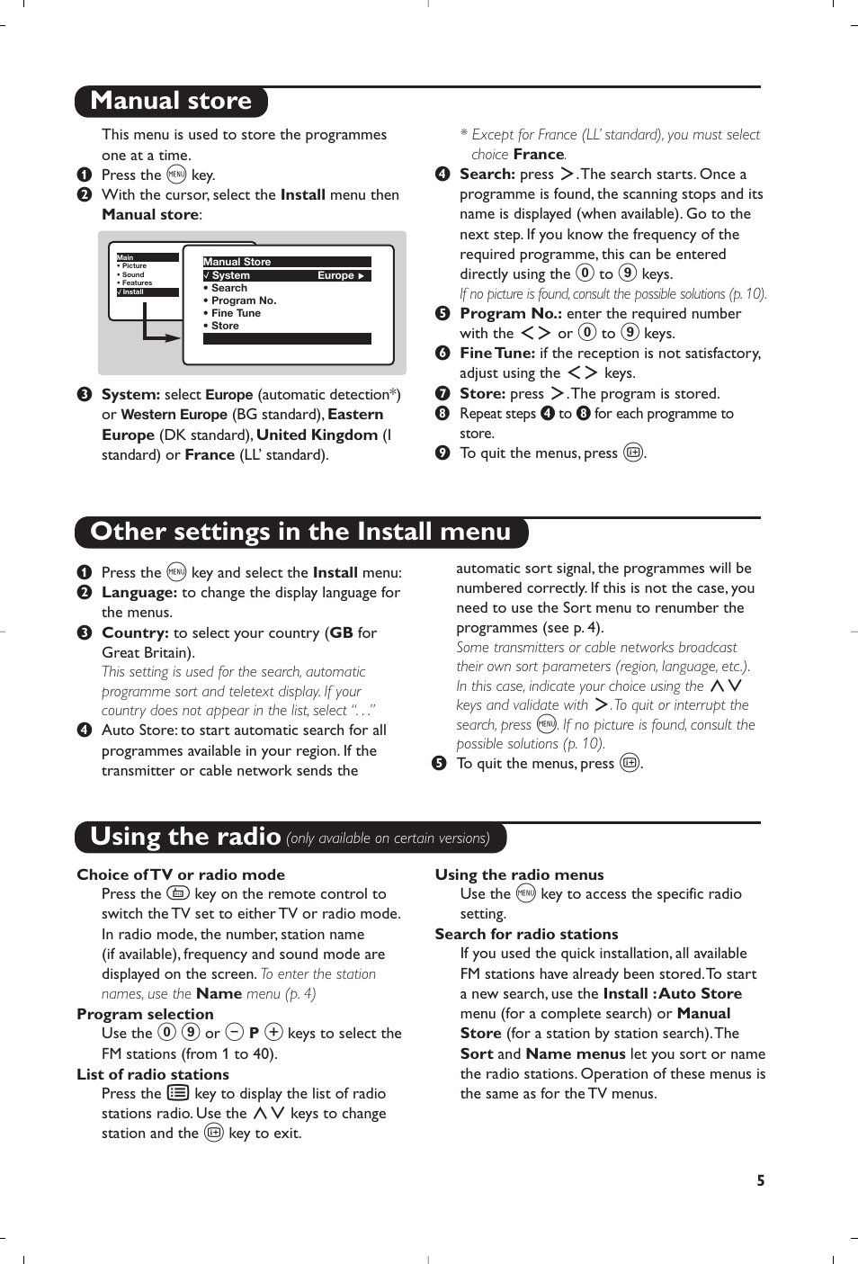 Manual store other settings in the install menu, Using the radio | Philips 28PW6618 User Manual | Page 7 / 84