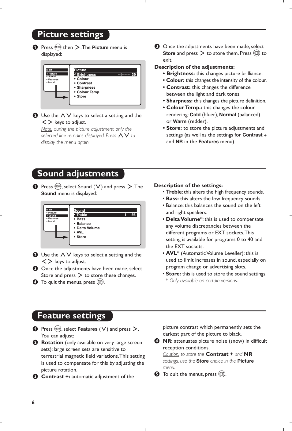 Picture settings sound adjustments, Feature settings | Philips 28PW6618 User Manual | Page 8 / 84