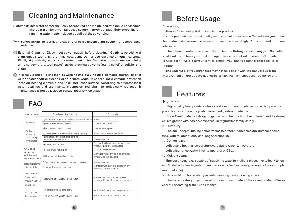 Т³гж 3, Before usage features, Cleaning and maintenance | haier LITTLE SEA-OX FCD JTHA80- ET User Manual | Page 3 / 6