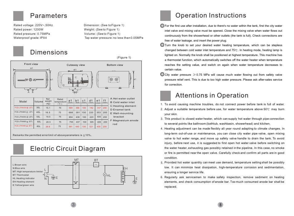 Т³гж 4, Dimensions, Electric circuit diagram | Parameters, Operation instructions, Attentions in operation | haier LITTLE SEA-OX FCD JTHA80- ET User Manual | Page 4 / 6