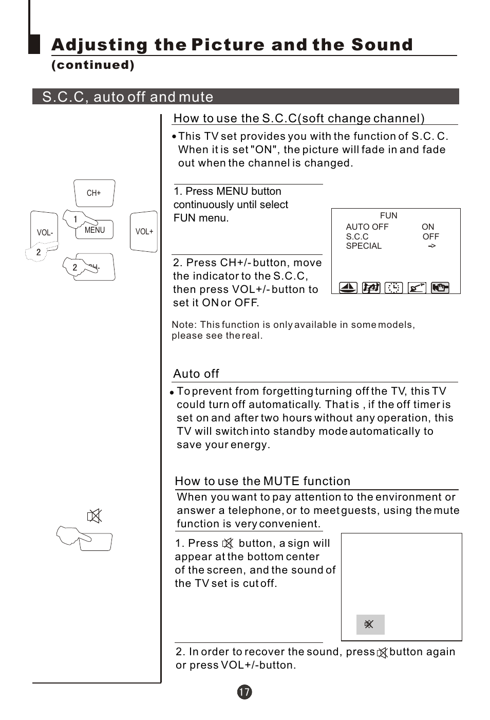 Т³гж 18, Adjusting the picture and the sound, S.c.c, auto off and mute | haier 29FA18 User Manual | Page 18 / 31