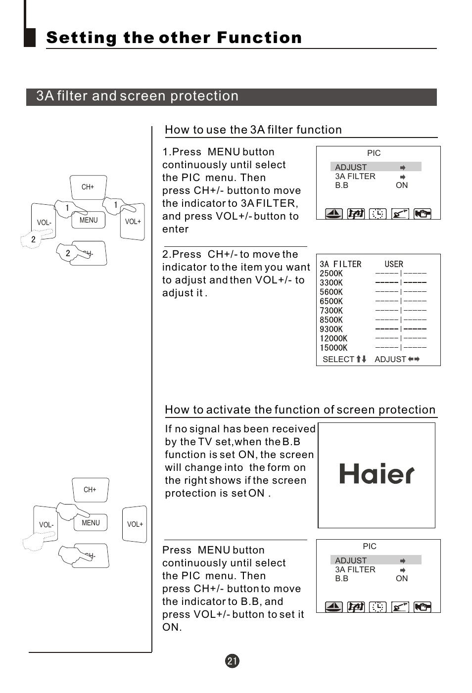 Т³гж 22, Setting the other function, 3a filter and screen protection | haier 29FA18 User Manual | Page 22 / 31
