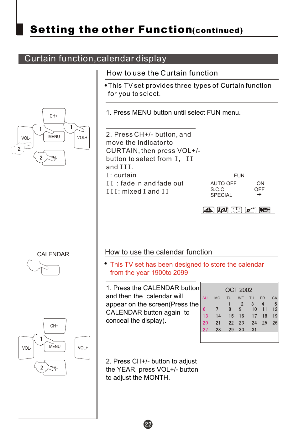 Т³гж 23, Setting the other function, Curtain function,calendar display | Continued), How to use the calendar function, How to use the curtain function, Press menu button until select fun menu | haier 29FA18 User Manual | Page 23 / 31