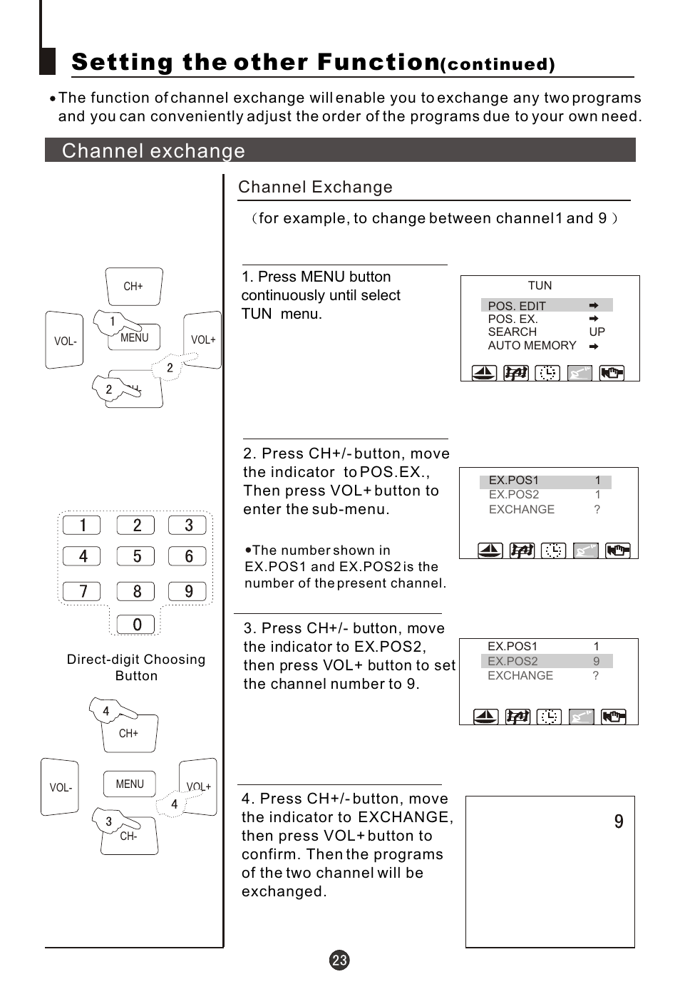 Т³гж 24, Setting the other function, Channel exchange | Continued) | haier 29FA18 User Manual | Page 24 / 31