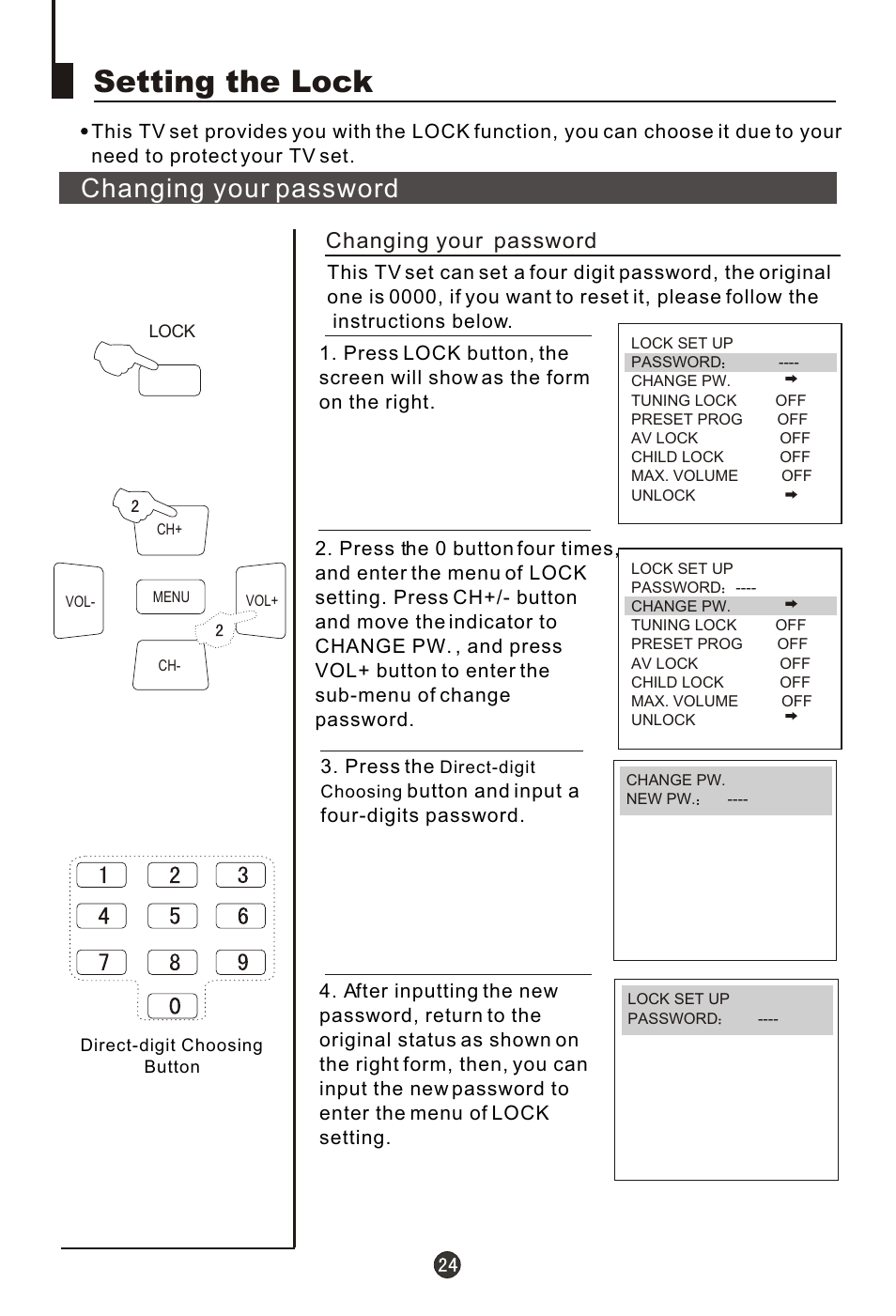 Т³гж 25, Setting the lock, Changing your password | haier 29FA18 User Manual | Page 25 / 31