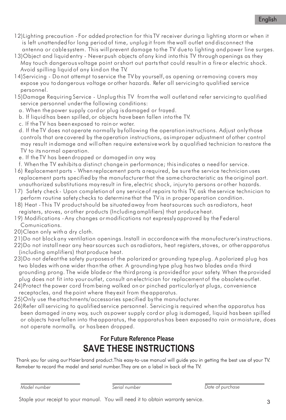 Save these instructions | haier HTAF21S User Manual | Page 4 / 38