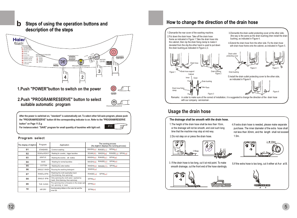 Usage the drain hose, How to change the direction of the drain hose, Program select | haier HWM78-0528T User Manual | Page 7 / 10