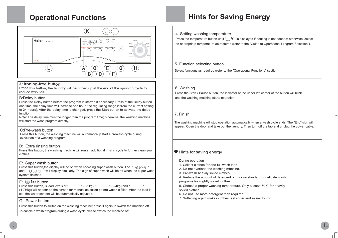Operational functions, Hints for saving energy | haier HK807TVE User Manual | Page 8 / 10